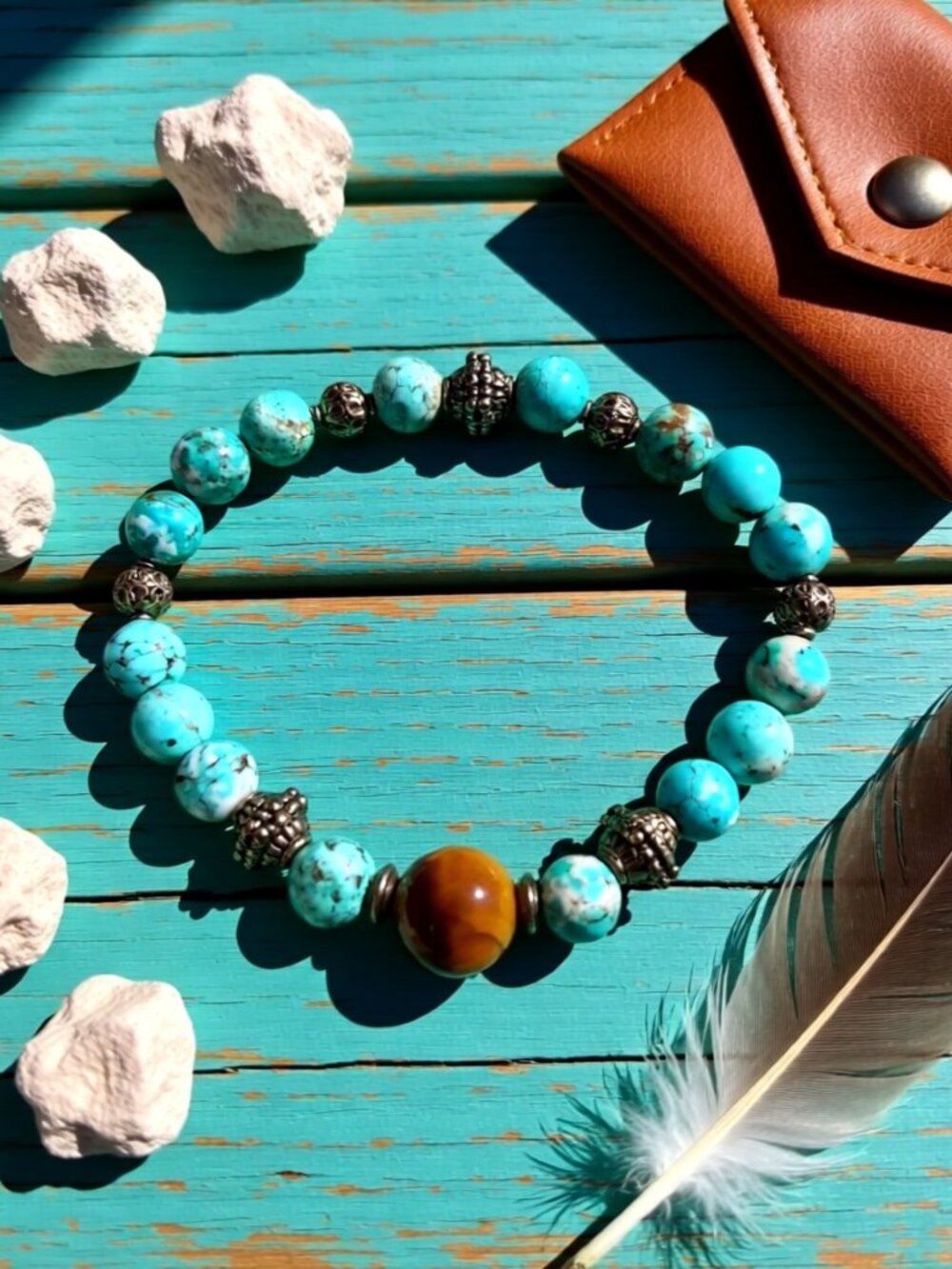 Gorgeous Southwest & Boho Vibe Stretch Bracelet - Turquoise Magnesite & TigerEye